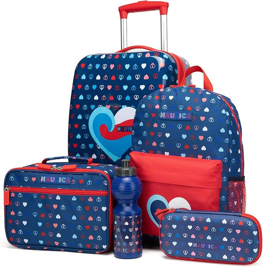 Nautica Kids Luggage - 18" Airline Approved Rolling Hardside Upright Carry-on Suitcase Set with Wheels (Nautica Peace | 5pc School Set)