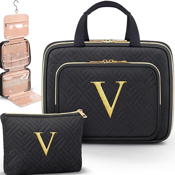 Gifts for Women, Initial Toiletry Makeup Bag Hanging Cosmetic Organizer with Embroidery Letter Personalized Nurse Teacher Appreciation Gift Birthday Christmas Gifts for Mom Sister Wife Friend Auntie