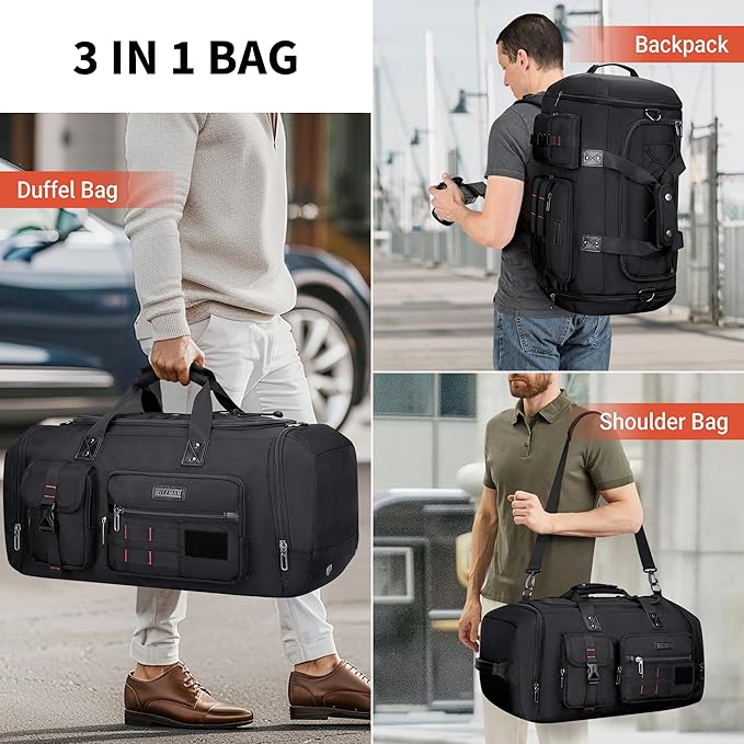 WITZMAN Travel Duffel Bags for Men Large Carry On Weekender Overnight Bag 3 in 1 Backpack with Shoe Compartment （B693 Black）