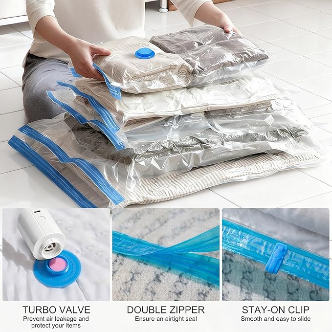 Owfeel 16 Pack Travel Vacuum Bags With Wireless Pump, Portable Compression Bags for Travel, Space Saver Vacuum Seal Bags for Clothing, Luggage, Pillows, Comforters, Reusable & Durable (16 PCS)