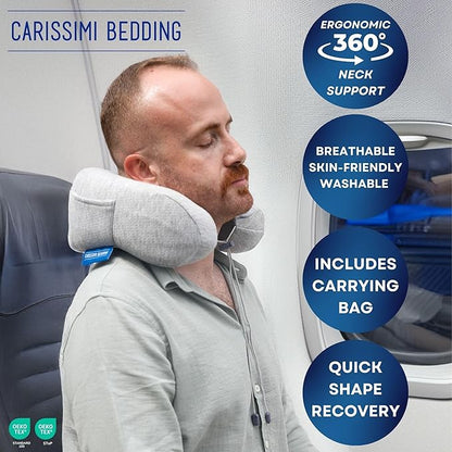 Travel Neck Pillow with Bag – Compact Memory Foam Neck Pillow for Airplane, Car and Office – Ergonomic Design for Travel Comfort and Shoulder & Neck Support