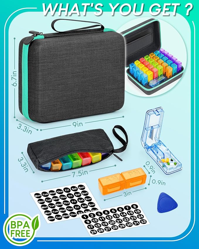 Monthly Pill Organizer 2 Times a Day, with Portable Hard Shell, Pill Cutter, 31-Day Box, Plastic Opening Pick, Monthly & Weekly Stickers, Convenient Medication Management (2 Times a Day)