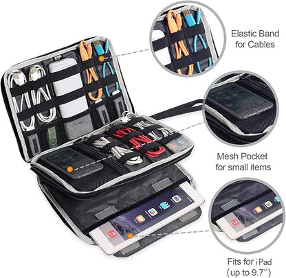 BUBM Double Layer Electronics Organizer/Travel Gadget Bag for Cables, Memory Cards, Flash Hard Drive and More, Fit for iPad or Tablet(up to 9.7")-Large, Blue