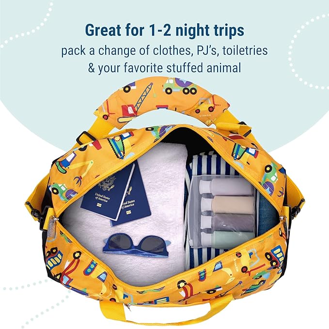 Wildkin Kids Overnighter Duffel Bag – Carry-On Size, Ideal for School & Sleepovers – Under Construction