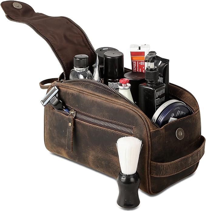 KomalC Leather Toiletry Bag For Men & Women, Handcrafted Buffalo Leather Travel Kit, Water-Resistant Shaving Bag For Men Travel, Premium Rustic Toiletry Pouch with Zipper Closure