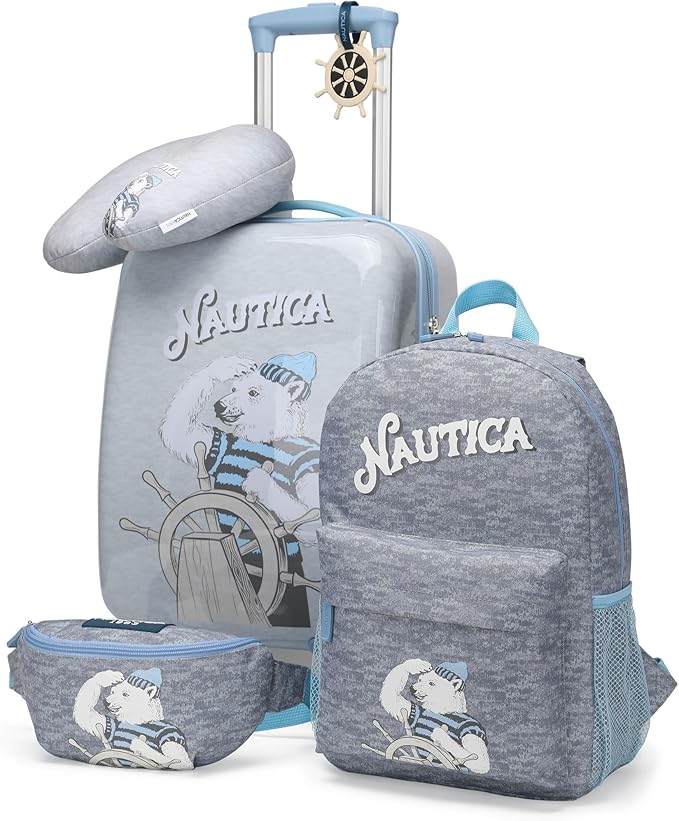 Nautica Kids Luggage - 18" Airline Approved Rolling Hardside Upright Carry-on Suitcase Set with Wheels (Polar Voyage | 5pc Travel Set)