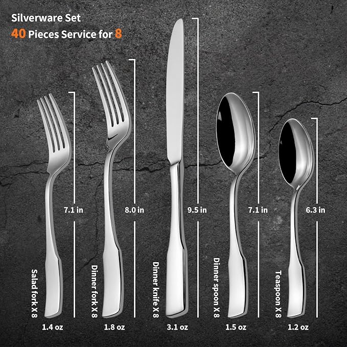 Alata Kate 40-Piece Silverware Set,Service for 8,Stainless Steel Flatware Set,Mirror Polished Cutlery Set,Dishwasher Safe