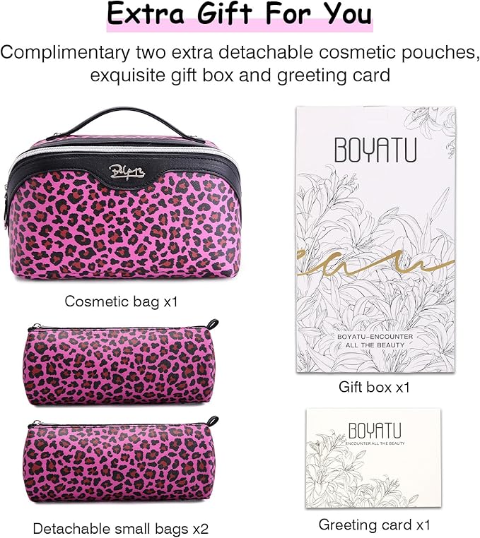 BOYATU Travel Makeup Bag for Women: 3 Pcs Set Portable Make up Bags with Handle - Leopard Print Cosmetic Bags with Comparments - Waterproof Vegan Leather Toiletry Bag (A-1-Red)