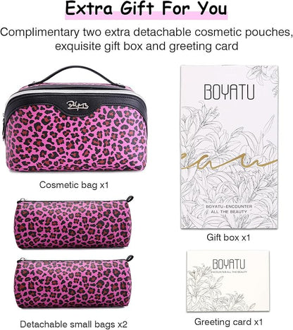 BOYATU Travel Makeup Bag for Women: 3 Pcs Set Portable Make up Bags with Handle - Leopard Print Cosmetic Bags with Comparments - Waterproof Vegan Leather Toiletry Bag (A-1-Red)