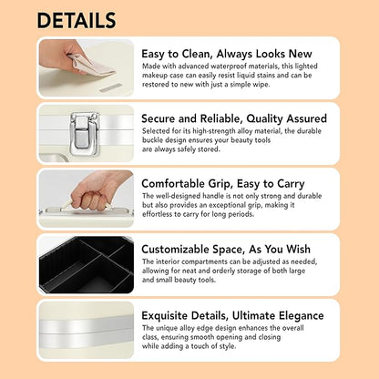 Lighted Makeup Case with Mirror - Large Size 13.4" x 10.2" - Travel Makeup Case With Mirror - Rechargeable LED Travel Vanity Case with Adjustable Brightness - Train Case Makeup Bag - White