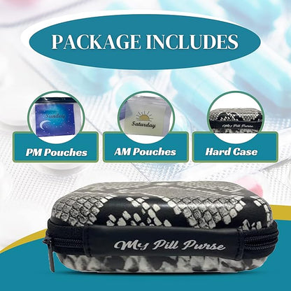 Am Pm Pill Organizer 7 Day Black/White Faux Snake Skin Medicine Storage Case Size 5.5 X 4 X 1.75 in. Med Wallet 14 Reusable Small Pill Baggies 3x4 in. Pill Pouches for Medicine, Days of The Week