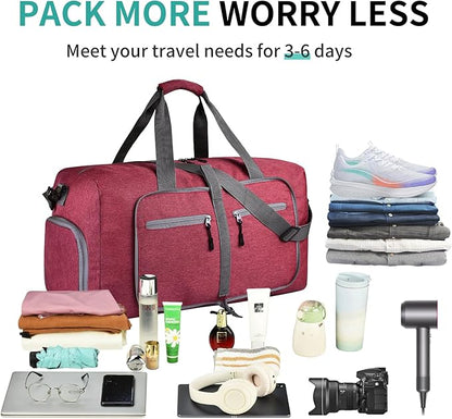 Dimayar 40L Travel Duffle Bag for Men Women - Foldable Duffel Bag with Shoes Compartment - Overnight Bags Waterproof & Tear Resistant(Red)