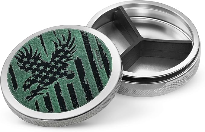 Leather-Faced Metal Pouch Can | Metal Container | Slim EDC Pocket Tin | Airtight & Moisture-Resistant | Daily Organizer | Pill Case & Travel Tin | Father’s Day Gift for Dad | (American Flag, Silver)