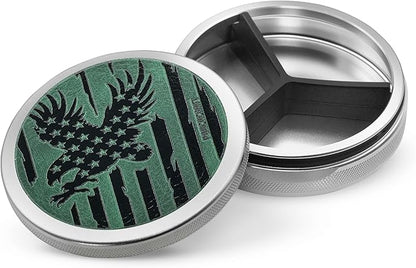 Leather-Faced Metal Pouch Can | Metal Container | Slim EDC Pocket Tin | Airtight & Moisture-Resistant | Daily Organizer | Pill Case & Travel Tin | Father’s Day Gift for Dad | (American Flag, Silver)