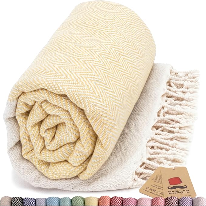 Bazaar Anatolia Turkish Beach Towel 100% Cotton Bath Towels 71x39 Quick Dry Sand Free Lightweight Large Oversized Herringbone Yellow
