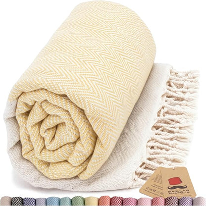 Bazaar Anatolia Turkish Beach Towel 100% Cotton Bath Towels 71x39 Quick Dry Sand Free Lightweight Large Oversized Herringbone Yellow