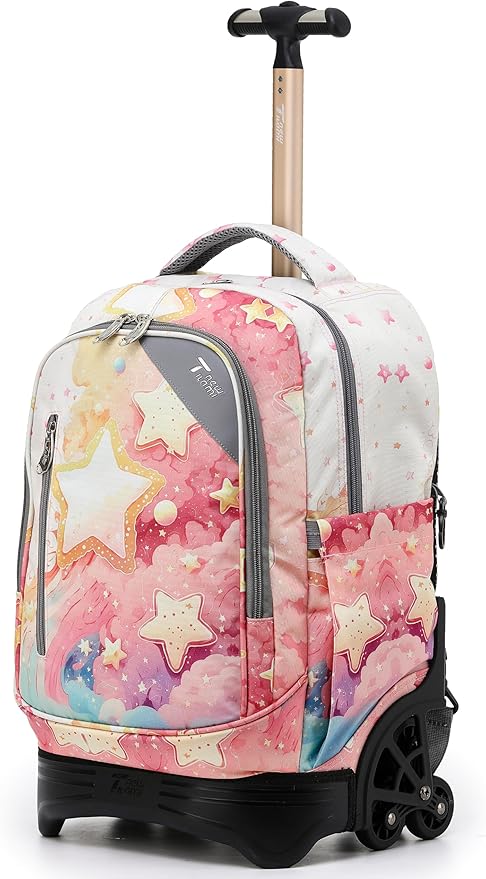 NEW TILAMI 18 Inch Rolling Backpack with Wheels for Girls Boys Kids Laptop Backpack School Travel, Orange Starshine