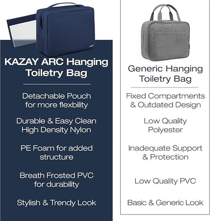 KAZAY Hanging Toiletry Bag with TSA Approved Detachable Pouch, Travel Toiletry Bag, Water Resistant, Premium Nylon, Travel Size Toiletries, Cosmetic Bag, Makeup Bag, Unisex (Navy)