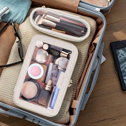 Travel Clear Makeup Bag with Makeup Brush Bag, Leather Make up Case Toiletry Bag, Portable Cosmetic Bag Case, Transparent Waterproof Cosmetic Organizer Storage Bag for Women, Off-White