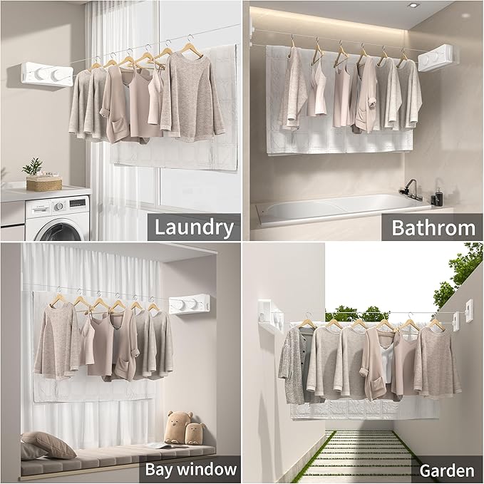 JOOM Retractable Clothesline Heavy Duty Clothes Drying Laundry Line Wall Mounted Easy Hanging Clothes Drying Laundry Line Retracting Hanging Lock to Prevent Sagging (Two line,White)