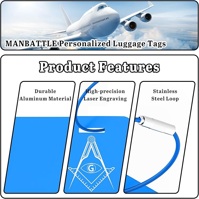 4 PCS Personalized Luggage Tags for Suitcases, Custom Aluminum Luggage Tags for Bags and Backpacks, Waterproof & Heavy Duty Personalized Metal Name Tags for Travel (Blue)
