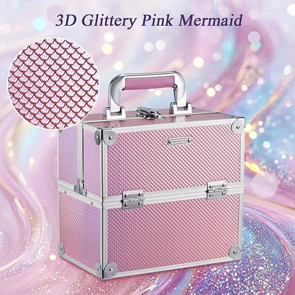 Frenessa Makeup Case Makeup Box Cosmetic Organizer Case Portable Make Up Artist Travel Case Storage Box 4 Trays with Dividers Lockable Hard Train Case Nail Tech Supply Storage Mermaid Pink