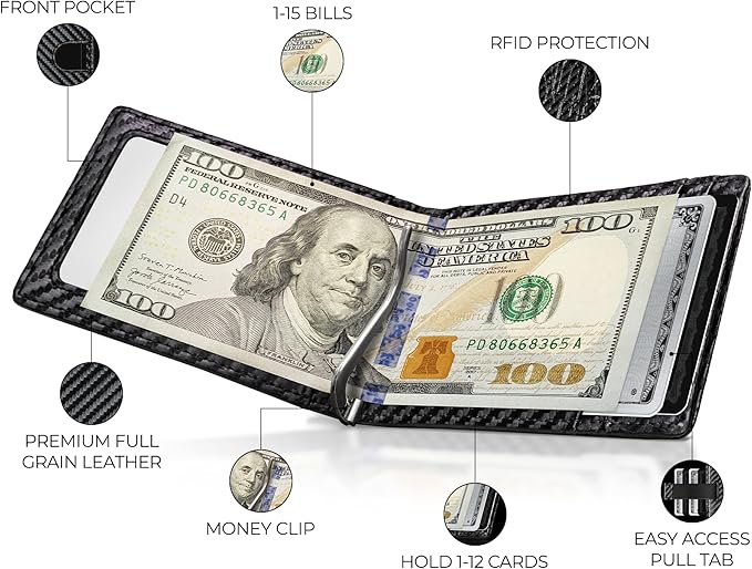 Kingly Cash Clip Slim Leather Wallet for Men with RFID Blocking & Money Clip - Minimalist Front Pocket Bifold Wallet Holds 12 Cards - Secure Card Holder with Easy Access Pull Tab