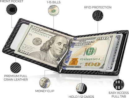 Kingly Cash Clip Slim Leather Wallet for Men with RFID Blocking & Money Clip - Minimalist Front Pocket Bifold Wallet Holds 12 Cards - Secure Card Holder with Easy Access Pull Tab