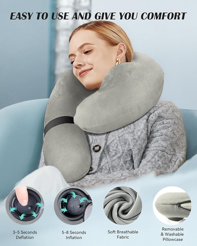 Inflatable Neck Pillow for Travel, Travel Pillow Support Head and Neck, Travel Neck Pillow for Airplane,Train,Car,Office,Home,Washable Cover (Grey)