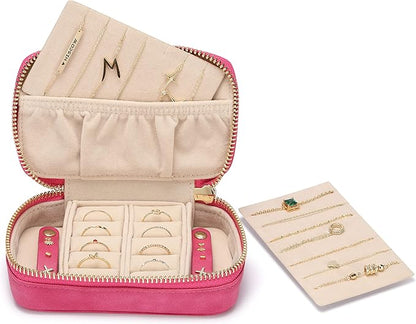HISCOW Vegan Leather Travel Jewelry Case with Zipper - Portable Necklace & Earring Holder Organizer for Women Girls, Velvet-Lined Ring Box with Anti-Tarnish Design, Rose Red