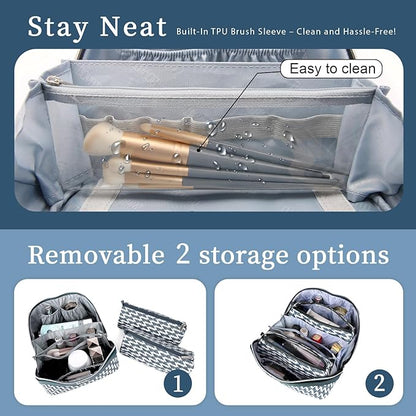 BOYATU Travel Makeup Bags for Women: Large Capacity Cosmetic Bag Set of 3 - Vegan Leather Make up Bags with Compartments - Wide Open Waterproof Toiletry Organizer Bag with Handle (B-01-Royal blue)