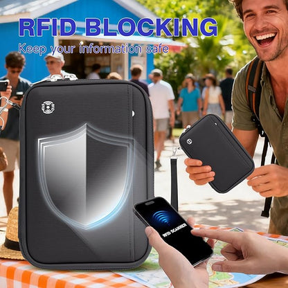 WALNEW Passport Holder for Travel Family, RFID-Blocking Travel Wallet Holder for 6 Passports, Water Resistant Bag Document Organizer for Cards, Cash, Boarding Passes, Tickets (Black)