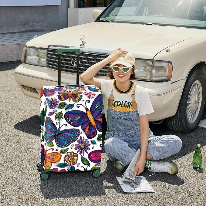 FOREVER QUEEN Colorful Butterfly Luggage Cover Suitcase Protector Suitcase Cover Anti-Scratch,Stretchable Bag Cover Washable Durable Polyester