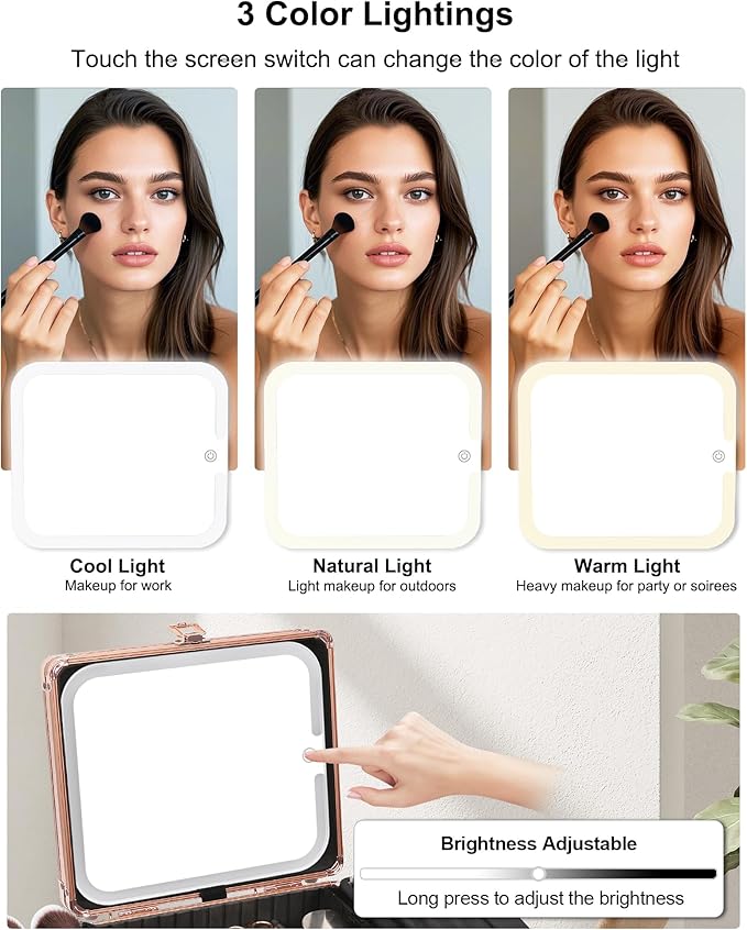 Relavel Makeup Bag with LED Mirror, Makeup Box Travel Train Case with Rechargeable Lighted Mirror, Cosmetic Brush Organizer Storage for Makeup Artists Gifts for Women and Girls, Rose Gold