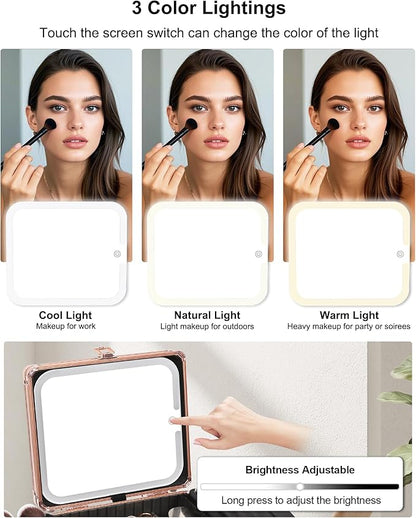 Relavel Makeup Bag with LED Mirror, Makeup Box Travel Train Case with Rechargeable Lighted Mirror, Cosmetic Brush Organizer Storage for Makeup Artists Gifts for Women and Girls, Rose Gold