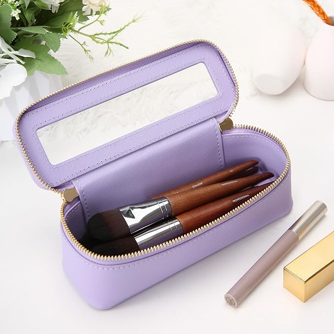 Aveniee Clear Makeup Brush Bag, Slim Brush Holder Cosmetic Case, Small Travel Toiletry Bag for Women, Thin Make up Bags with Dual Zipper, Cute Travel Essentials Srorage Bag.Lilac