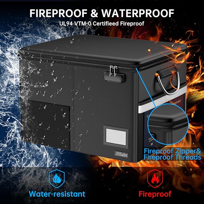 5200℉ Fireproof Document Box with Lock, Waterproof File Organizer with Handle, Portable Collapsible Filing Cabinet with Reflective Strip for Hanging Letter/Legal Folder, Black