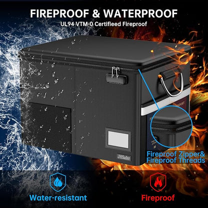 5200℉ Fireproof Document Box with Lock, Waterproof File Organizer with Handle, Portable Collapsible Filing Cabinet with Reflective Strip for Hanging Letter/Legal Folder, Black