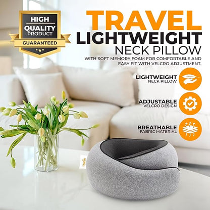 EdgeVoy™ Travel Neck Pillow, Memory Foam Travel Pillow for Airplanes, 360º Ergonomic Design, Asymmetrical Sides, Washable Modal Cover, Ideal for Travel, Car Rides, & Home Use (Gray)