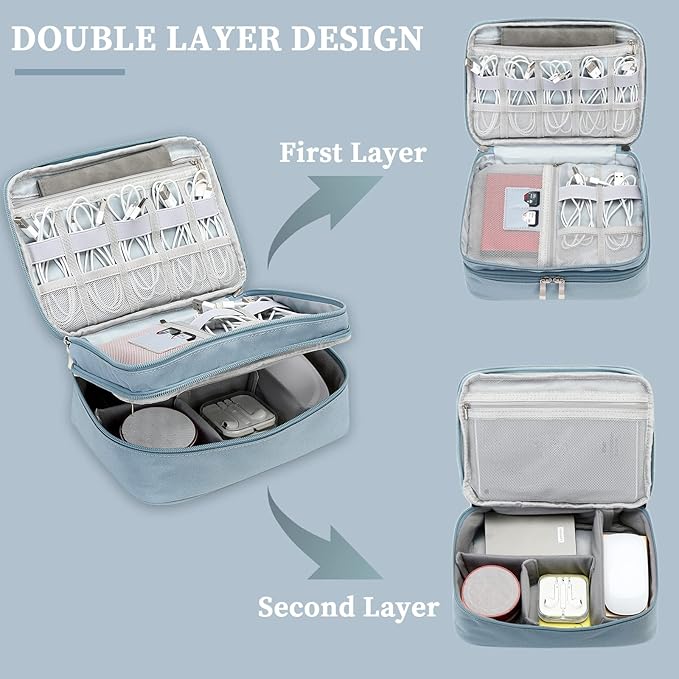 Lanola Electronic Accessories Case,Electronics Travel Organizer, Portable Double Layer Cable Storage Bag for Cord, Charger, Flash Drive, Phone, SD Card,Flash Drive,Adapter - Light Blue
