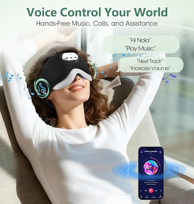 LC-dolida Voice Control Bluetooth Sleep Mask, Bamboo Cotton Bluetooth Sleep Headphones with 3D Zero-Pressure Cups and Timer Setting, Total Blackout Sleep Eye Mask for Side Sleepers, Black