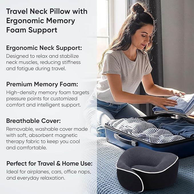 Proglobe Travel Neck Pillow 100% Memory Foam – Airplane & Car Travel Essentials Kit with 3D Eye Mask, Earplugs & Mesh Bag – Sleeping Support Pillow for Adults (Dark Grey)
