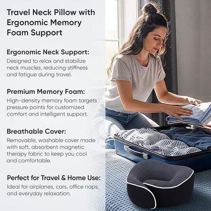Proglobe Travel Neck Pillow 100% Memory Foam – Airplane & Car Travel Essentials Kit with 3D Eye Mask, Earplugs & Mesh Bag – Sleeping Support Pillow for Adults (Dark Grey)