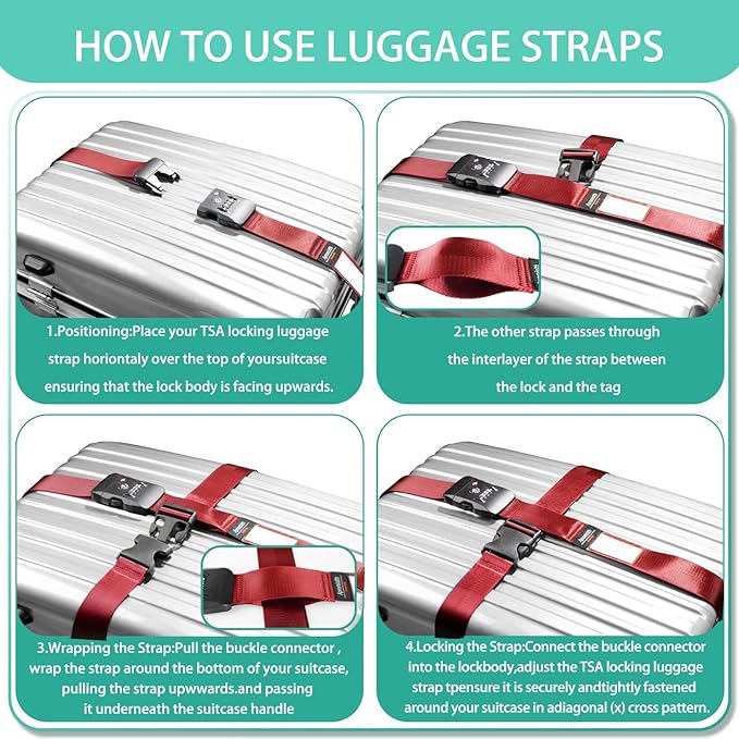 Cross Luggage Strap Belt for 20"-32" Suitcase with TSA Approved 3-Dial Combination Lock Wide Adjustable Packing Straps Travel Accessories, Red