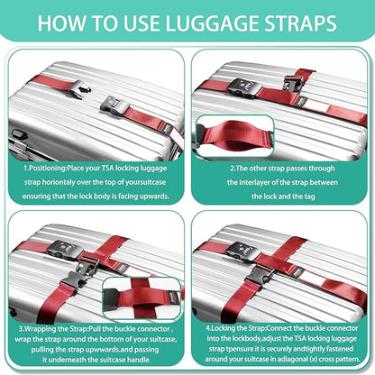 Cross Luggage Strap Belt for 20"-32" Suitcase with TSA Approved 3-Dial Combination Lock Wide Adjustable Packing Straps Travel Accessories, Red