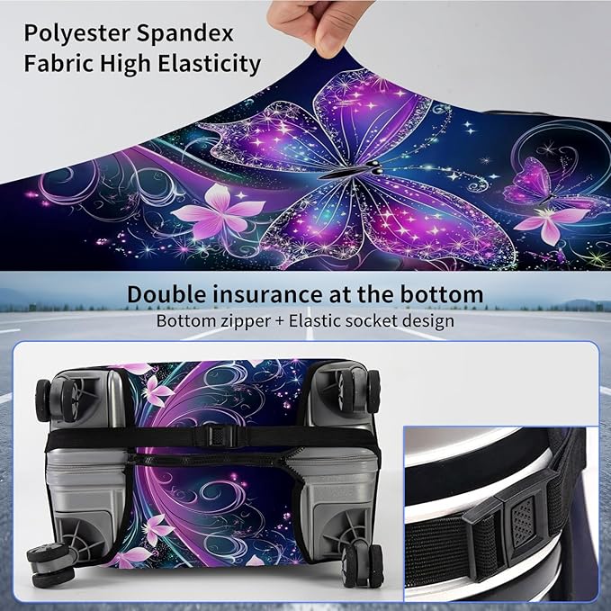Suitcase Cover for Luggage 25-28 Inch, Washable Elastic Anti-Scratch Luggage Protector, Durable Zipper Baggage Cover with Handle Wrap, Travel Accessories for Suitcase,Sparkling Purple Butterfly