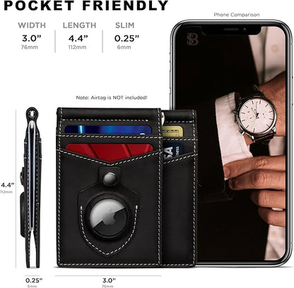 SERMAN BRANDS AirTag Wallet - RFID Blocking Mens Minimalist Money Clip Wallet for Airtag - Full Grain Leather - Slim Bifold. Front Pocket Air tag Wallets for men. Gift (Charcoal Black Air)