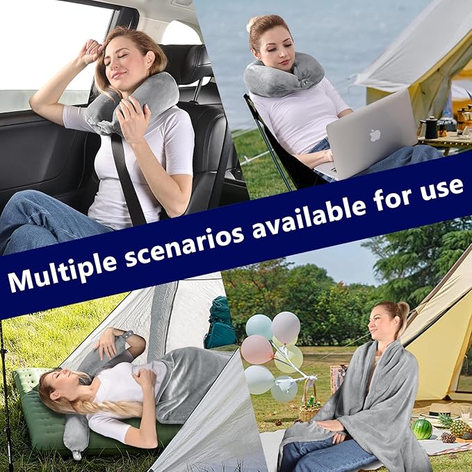 2 in 1 Travel Blanket, Soft Warm Blanket with Cozy Neck Pillow Case, Portable Blanket Set for Airplane, Camping, Car (Grey)
