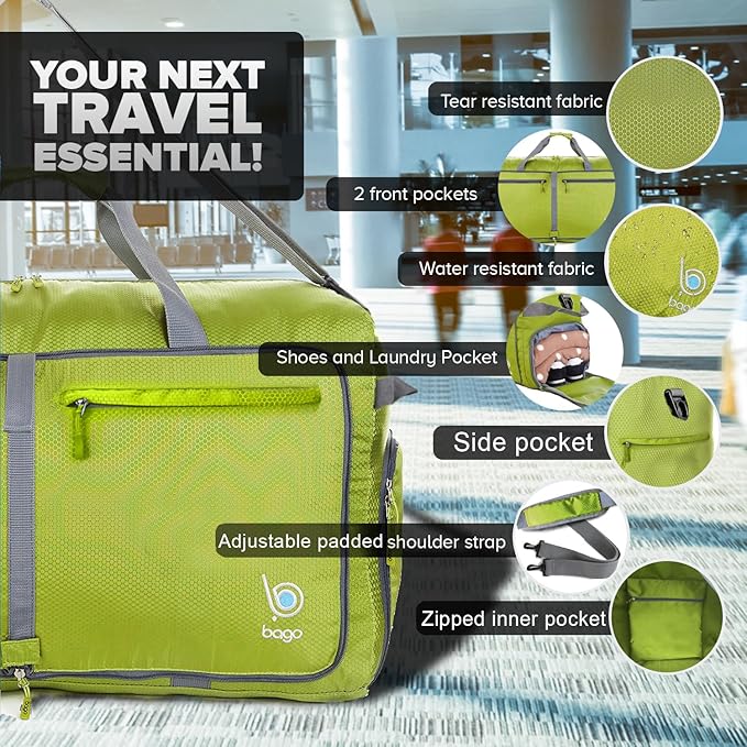 Bago Large Foldable Duffel Bags for Traveling Women & Men - 100L Packable Duffle Bag for Travel with Shoe Compartment - Water Repellant, Heavy Duty, Lightweight Folding & Collapsible (Green)