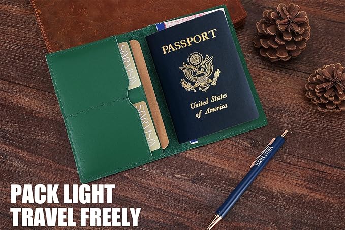 STAR VISTA Albatross Leather Travel Passport Holder, Minimalist Design, Calfskin Leather Case for Women and Men - Slim Passport Wallet, Bifold, RFID Blocking, Green